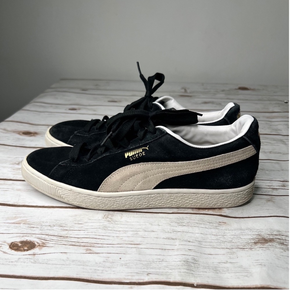 Puma Suede Classic Black White Gold Foil Sneakers 352634-03 Mens 10.5